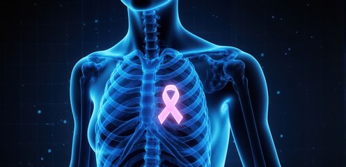 Futuristic holographic chest scan with pink ribbon symbol for breast cancer awareness