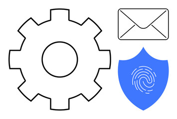 Gear for settings, envelope for communication, shield with fingerprint for security. Ideal for technology, cybersecurity, communication, settings, privacy email and simplified concepts. Simple flat