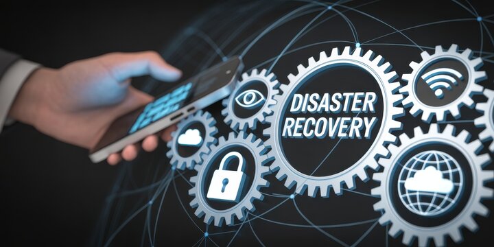 Disaster Recovery: A hand interacting with a smartphone, symbolizing data protection and IT solutions, with cogwheels to enhance concept.