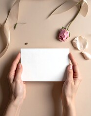 Obraz premium A person's hands holding a blank card with flowers and ribbon