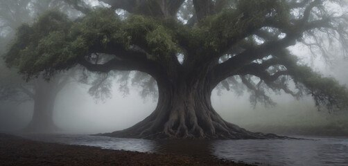 There is a large tree that standing in the fog backgrounds design elements frame creative emotion expression depth illustration layers cartoonish motion gesture scene composition style