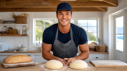 Young baker smiling in apron and cap kneading dough for artisan bread in cozy seaside kitchen small business owner welcoming customers