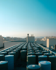 Rows of large blue industrial storage tanks lined up on a rooftop under a clear blue sky