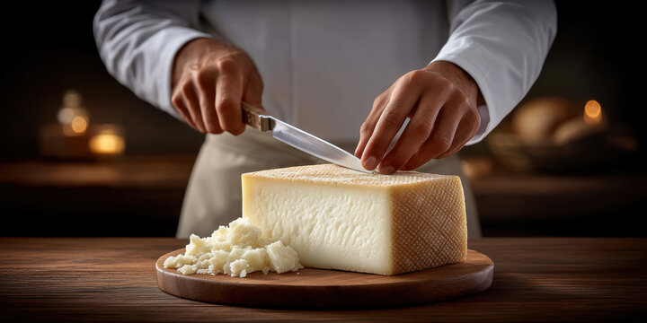 Small business cheese maker slicing aged hard cheese on wooden board warm kitchen lighting evokes artisanal craft and flavor - Powered by Adobe