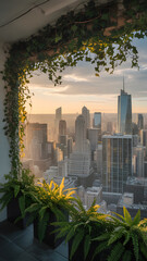 Lush greenery frames a breathtaking cityscape at sunset with modern architecture
