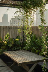 Zen garden oasis with wooden table and lush green plants in an urban setting