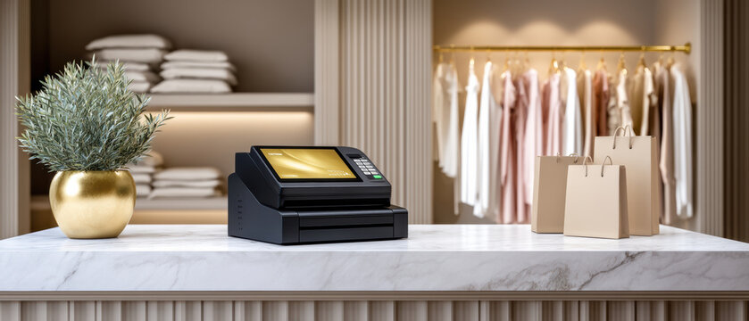 Boutique small business checkout counter with cash register plant and shopping bags conveying calm professional retail atmosphere - Powered by Adobe