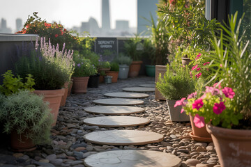Urban rooftop garden with stepping stones and potted plants overlooking city skyline