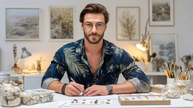 Stylish small business owner sketching jewelry designs in cozy studio with natural decor and art supplies expressing focused creative energy