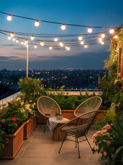 Cozy rooftop patio with string lights and comfortable seating overlooking a city at dusk