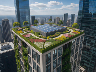 Modern skyscraper with a lush green rooftop garden and solar panels in a bustling city