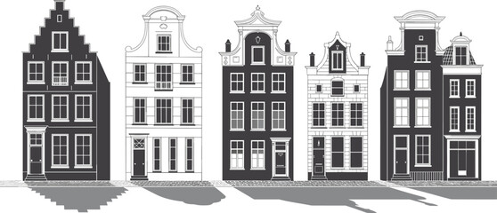 Black and white architectural illustration of classic European buildings, vintage townhouse facades, Amsterdam canal houses, historical city street design, artistic print