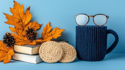 Autumn Still Life Knitted Mug, Fall Leaves, and Books on Blue Background