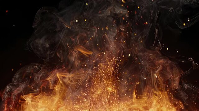 An abstract image with fire at the bottom, smoke rising and sparks in the dark background