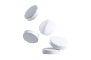 White pills in mid-air, round, levitating