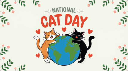 Vector art of two cute cartoon cats, one orange and one black, hugging the planet earth with hearts and floral border for national cat day celebration