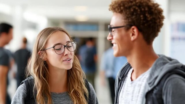 Smiling teenagers talking together on a crowded school corridor.