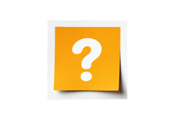 A bright orange sticky note with a large white question mark
