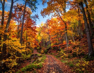 Fototapeta premium Autumnal forest path. Sunlight filters through vibrant fall foliage