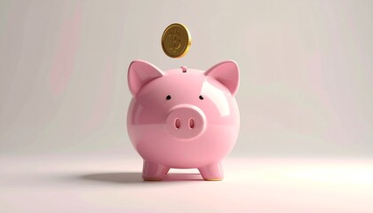 A pink ceramic savings container with a gold coin falling into its slot