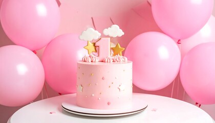 A pink first birthday cake with balloons on a white table