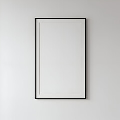 Empty black framed white picture on a white wall. Blank canvas for art or graphic display in a modern interior design setting.