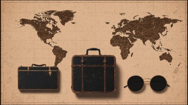 Vintage Travel Concept: World Map, Retro Suitcases, and Round Sunglasses on Rustic Background
