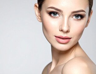 Obraz premium A portrait of a fair-skinned woman with her hair pulled back, gazing at the viewer