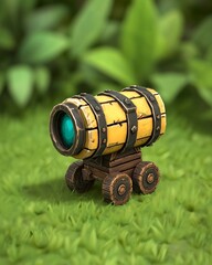 Fototapeta premium Whimsical Wooden Cart with Colorful Barrel in Lush Greenery