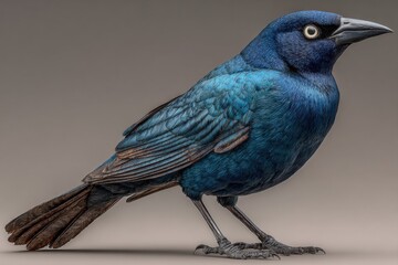 Naklejka premium Bright blue bird stands on a smooth surface showcasing its vivid feathers and striking features in a simple setting
