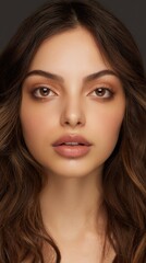Obraz premium Beautiful model with wavy hair showcasing natural makeup and captivating eyes in a studio setting
