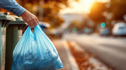 Hand holding a blue garbage bag over green bins on a street during sunset