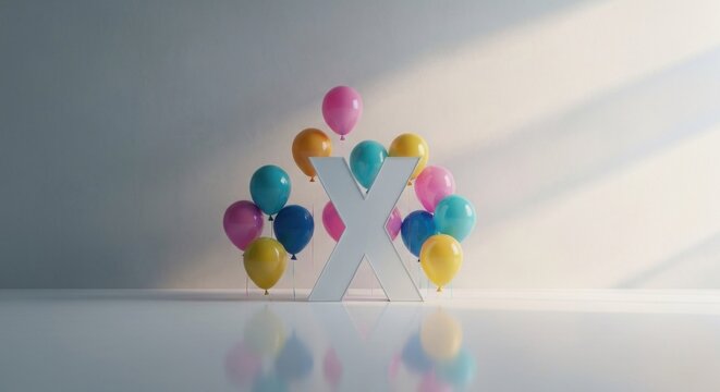A white "X" is center with colorful balloons around it, lit from the right
