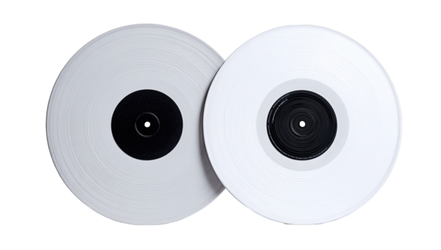 Two white discs, one black center, one light gray center, stacked