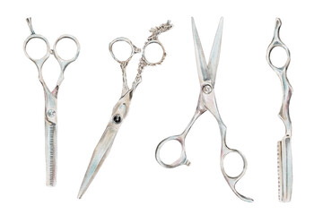 Watercolor illustration set of thinning scissors, classic shears, ornate scissors, and a straight razor with sculpted handle. for barbershop branding packaging and mens grooming visuals.