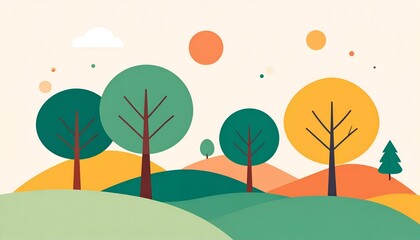 Colorful minimalist landscape with trees and hills under a bright sky.