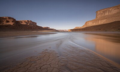 A wide angle landscape of a dry riverbed flanked by eroded sandstone cliffs under a clear sky