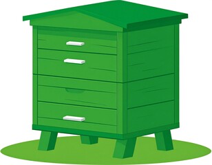 A vibrant green wooden beehive rests on a grassy base.  It features a peaked roof and multiple drawers