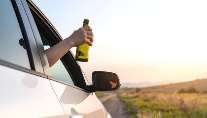 Drinking and driving - Hand holding beer bottle out of car window.