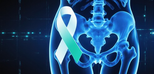 Futuristic holographic pelvic scan with teal and white ribbon for cervical cancer awareness