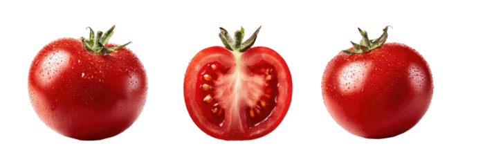 Three whole and halved tomatoes