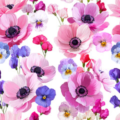 Pattern with summer and spring flowers. Vector floral pattern with bright flowers. For paper, fabric, packaging and interior design. Anemone, lupine, chamomile