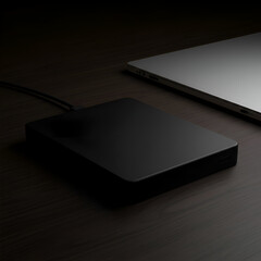 Black external hard drive resting on a dark wooden surface next to a laptop. Modern storage device in a professional workspace setting.