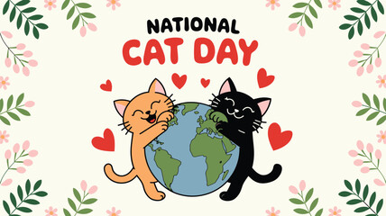 Vector art of national cat day graphic with two cats hugging the earth, surrounded by flowers and hearts