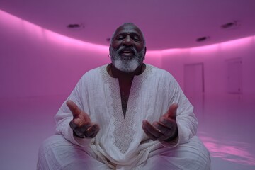 Serene senior Black man in white tunic meditating in vibrant pink-lit room.