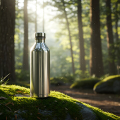 Stylish stainless steel water bottle resting on mossy rocks in a sunlit forest. Young, environmentally conscious individual enjoying the outdoors.