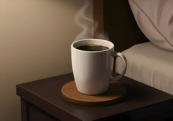 A steaming cup of coffee sits on a nightstand in a bedroom, ready for a tranquil morning. A peaceful scene of a young adult enjoying a moment of relaxation in their home.