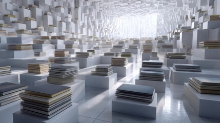 Unique collage of book collection in innovative library concept. An abstract architectural space filled with numerous stacked boxes.