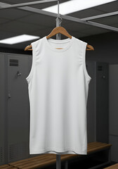 Blank white sleeveless athletic top hanging on wooden hanger in a locker room. Male or female athlete apparel in a professional sports facility.