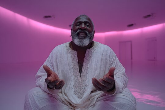 Serene senior Black man in white tunic meditating in vibrant pink-lit room.
